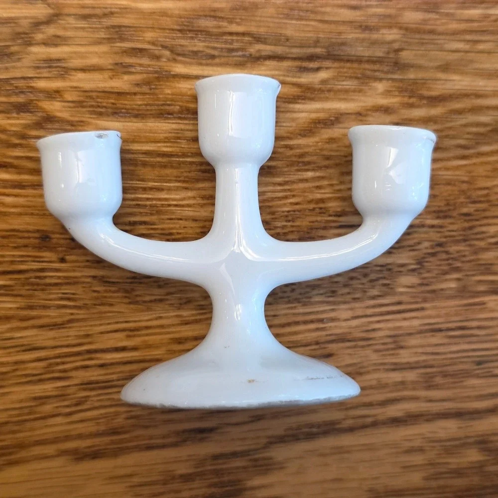 Vintage White Porcelain Miniature 3 Arm Candelabra Japan 2 Inch Dollhouse Decor